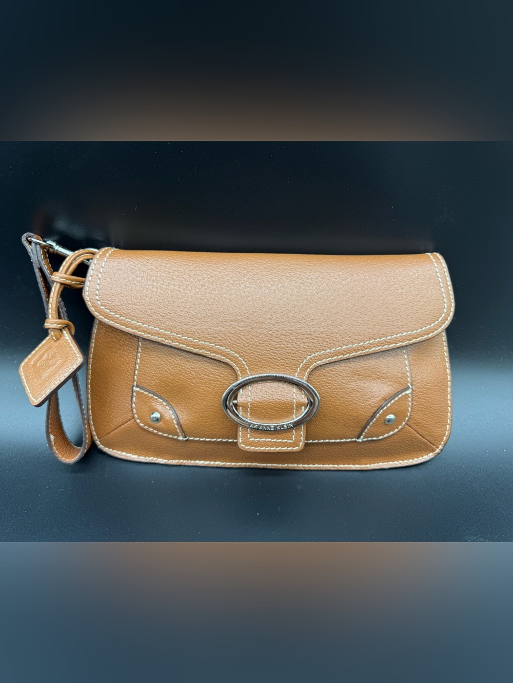 AK Anne Klein Brown Pebbled Leather Wristlet Clutch Purse Silver Hardware